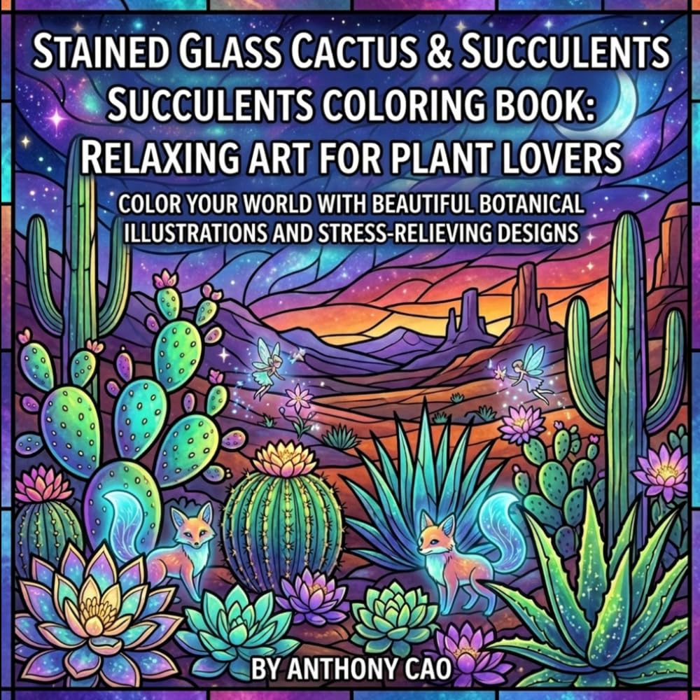 Stained Glass Cactus & Succulents Coloring Book: Relaxing Art for Plant Lovers: Color Your World with Beautiful Botanical Illustrations and Stress-Relieving Designs