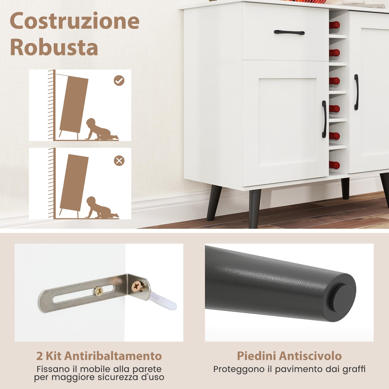 RELAX4LIFE Mobile Bar per Vino, Credenza con 2 Ante e 1 Cassetto, Porta Bottiglie da 6, Ripiani Regolabili, Credenza con Spazio per Vino per Cucina, Sala da Pranzo, Soggiorno