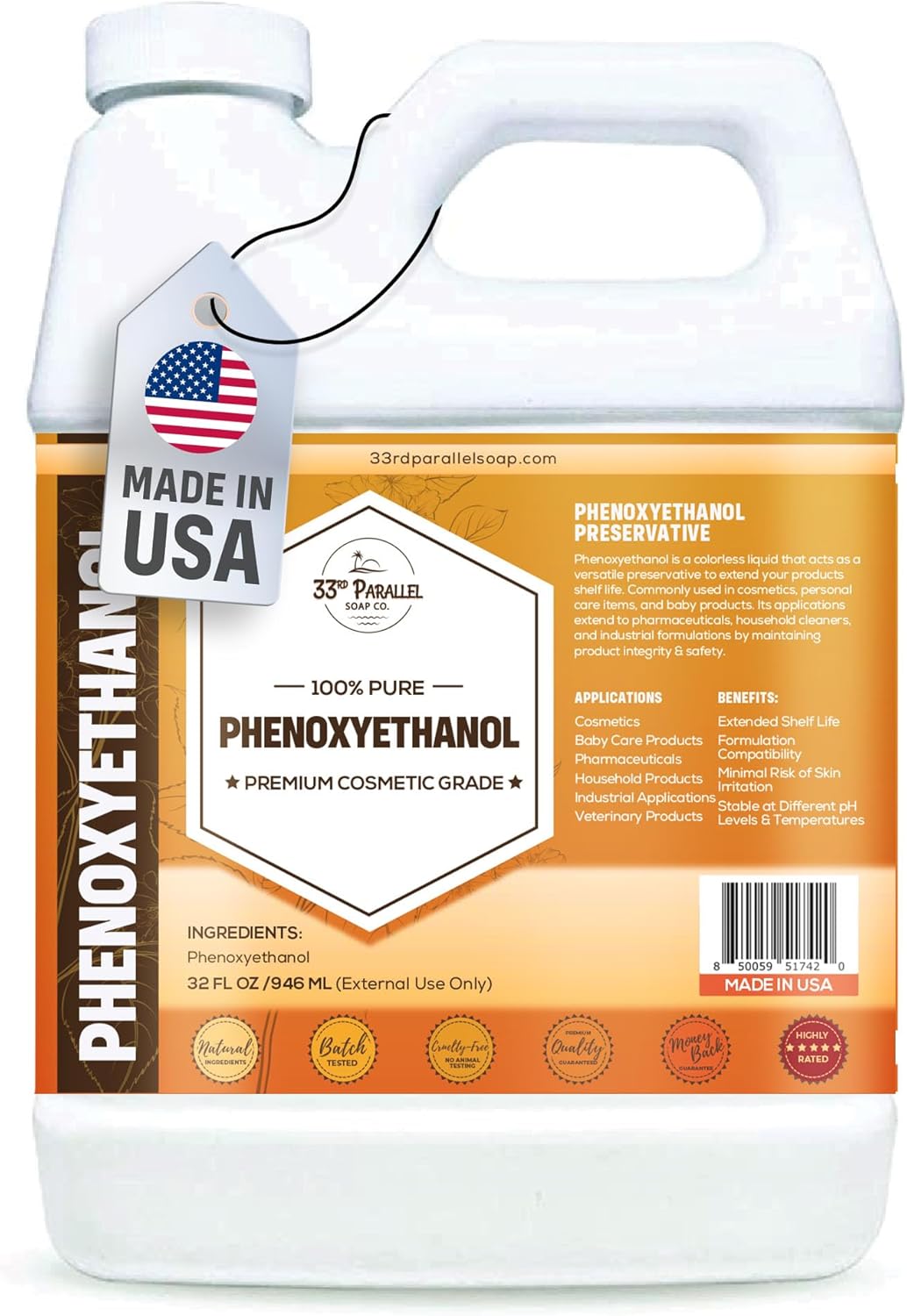 PHENOXYETHANOL Preservative Liquid (32 oz) Paraben-Free; Formaldehyde-Free; Water & Oil Soluble | Suitable for Soap Making, Lotions, Conditioners, Creams | Keeps Products Fresh & Safe | 32 Ounces