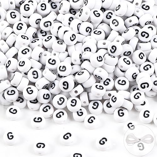 Vellibring 500 cuentas de letras, pequeñas cuentas de plástico blanco y negro, cuentas redondas del alfabeto, cuentas G para joyas, pulseras,