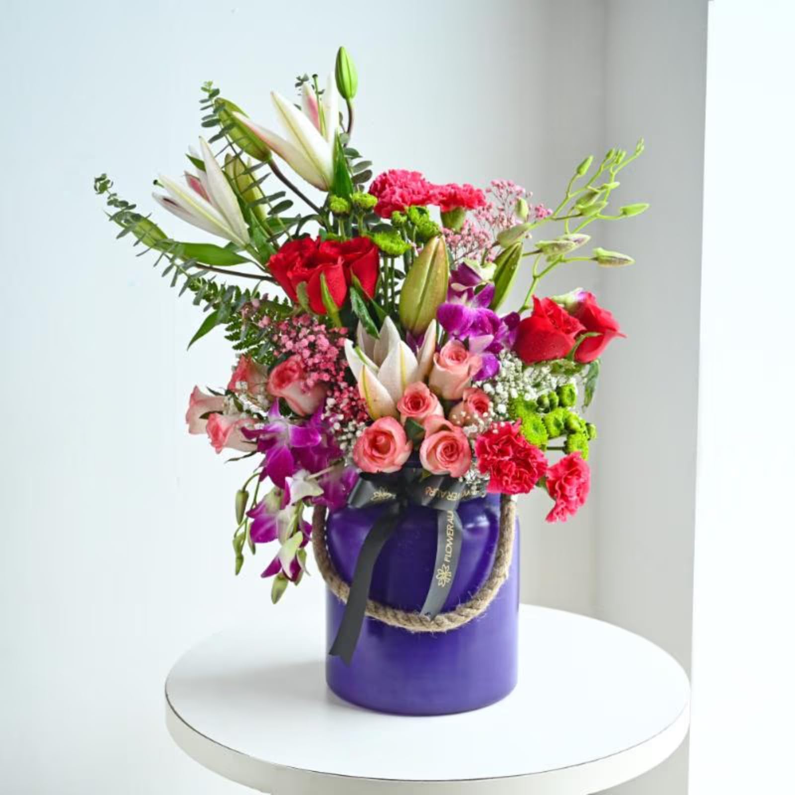 FlowerAura Fresh Live Flower Bouquet of 3 Lilies, 15 Roses, 5 Carnations, 5 Orchids, 2 Daisy Flowers in Vase for Birthday, Anniversary, Wedding, Valentine's Day Gift (Same Day Delivery)-image-36