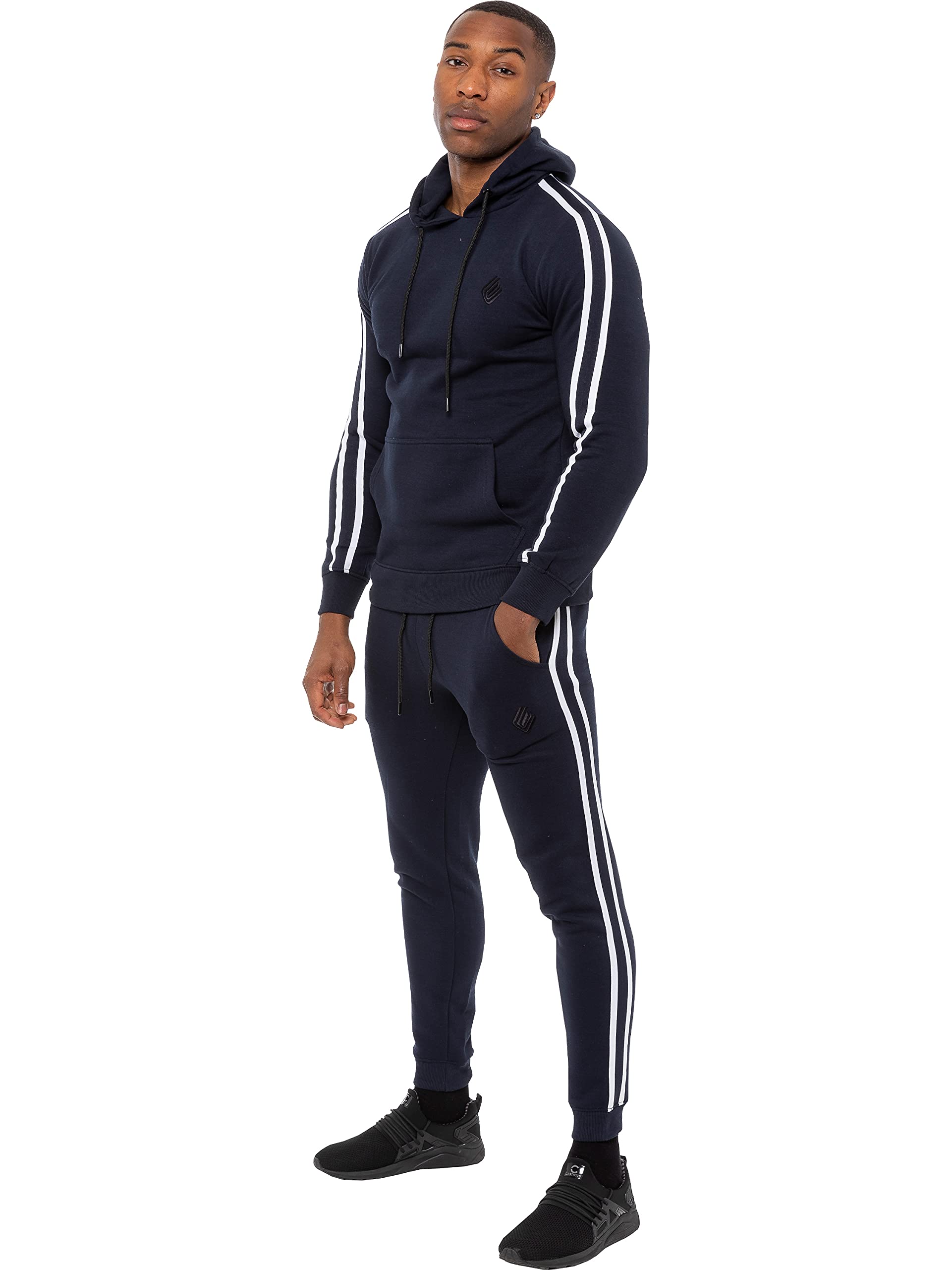 Enzo Mens Full Tracksuit Set Striped Pullover Hoodie Casual Hoody Top Fleece Joggers Gym Jogging Bottoms (Navy, XL, x_l)
