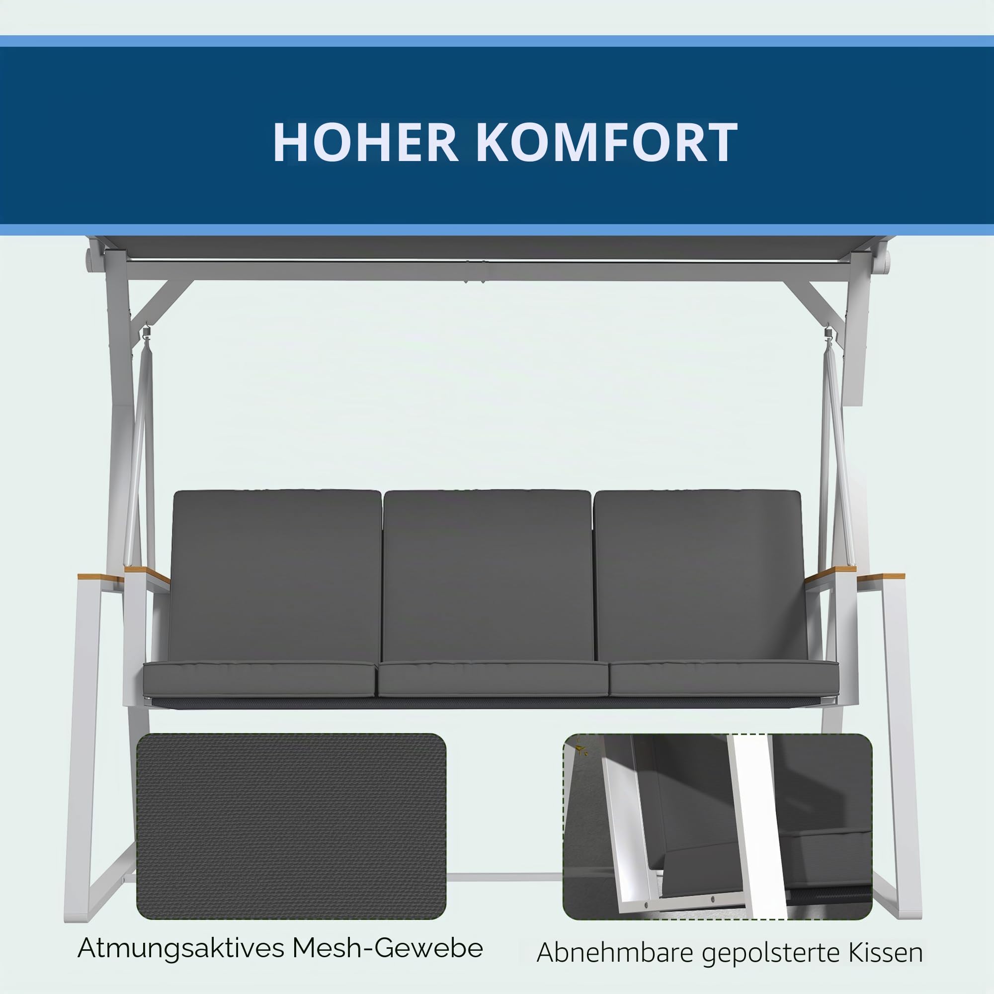 Outsunny Gartenschaukel, 3-Sitzer, mit Dach, verstellbare Neigung, Matratze im Lieferumfang enthalten, 205 x 130 x 175 cm, Stahlrahmen, dunkelgrau