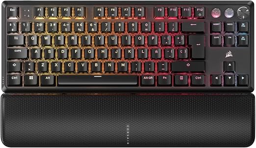 Corsair K70 PRO TKL preto, com setas, apoio destacável e legendas espanholas