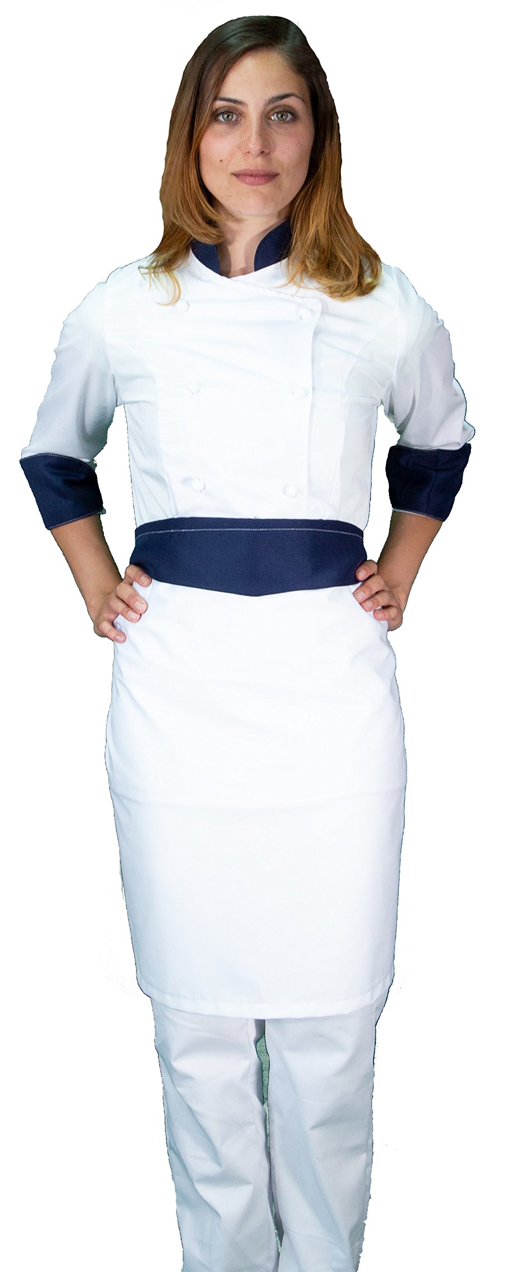 tessile astorino Ricamo Gratuito - Completo Cuoco da Cucina - Bianco e Blu - Divisa Chef Donna - Pantalone, Giacca e Grembiule - Made in Italy (XXL)