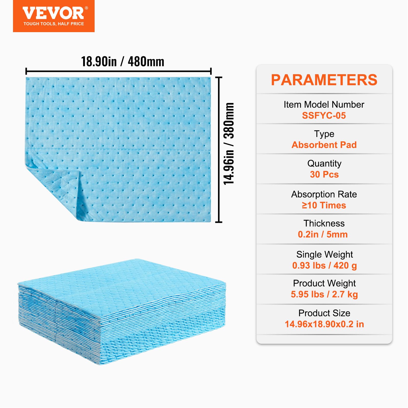 VEVOR Saugpads Wasserabsorbierende Matte 30 Stk 380x480x5 mm Polypropylen Blau 6 Gal