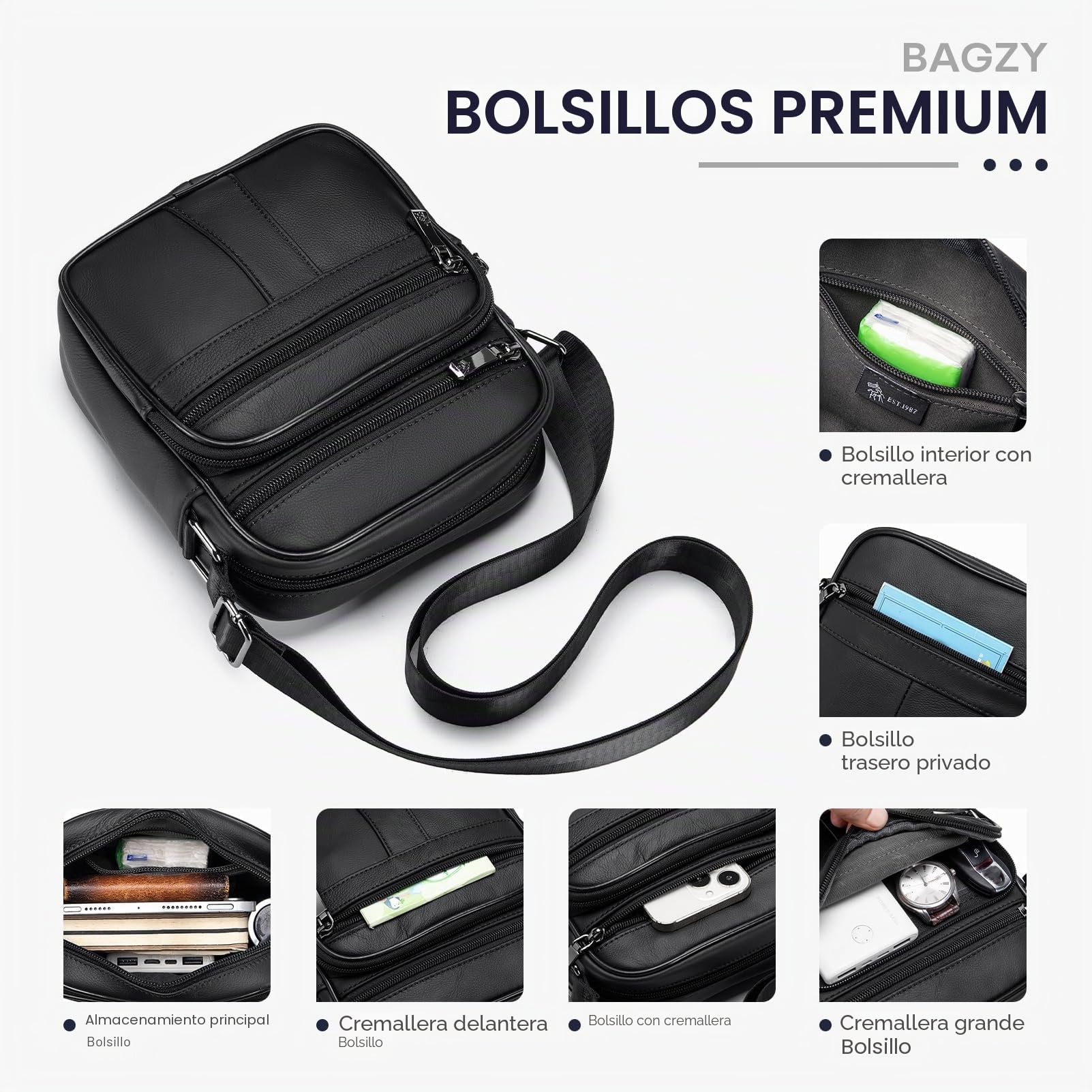 BAGZY Bolso bandolera para hombre, de piel auténtica, pequeño bolso de hombro para hombre, mochilas de negocios, bolsas de mano, bolsas de viaje