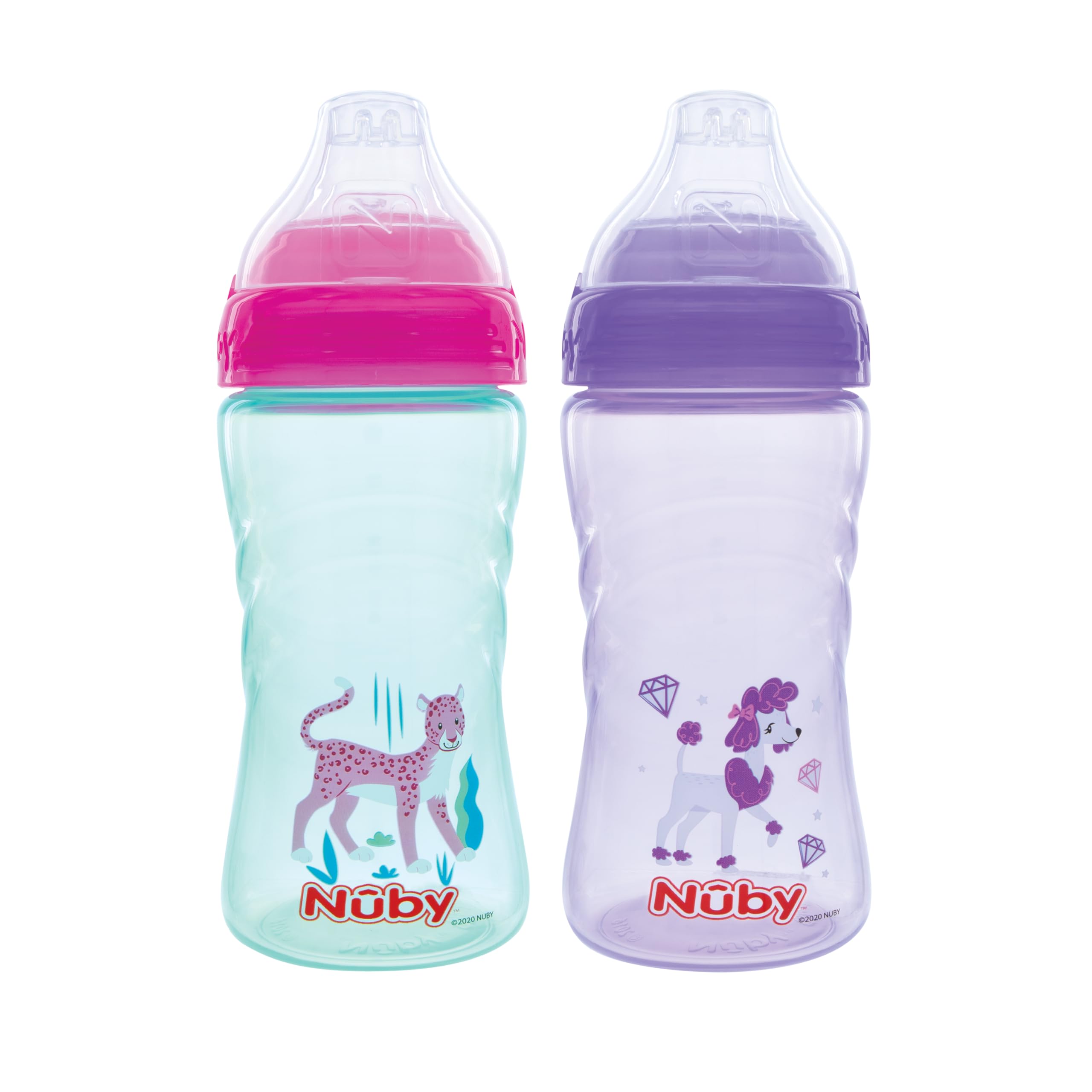 Nuby 2 Pack No Spill Printed Thirsty Kids No-Spill Sip-it Sport Cup with Soft Spout and Lid - 12oz, 12+ Months, 2 Pack, Aqua Cheetah & Purple Puppy