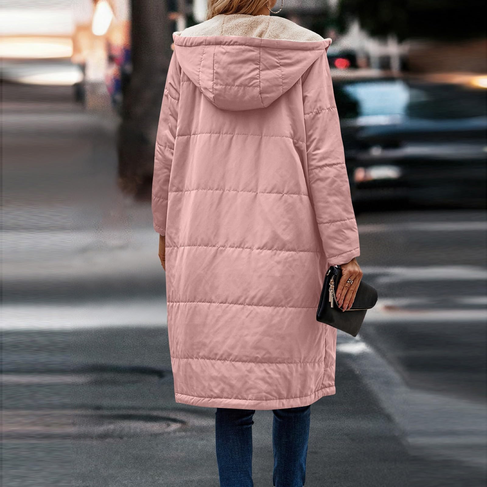 Generisch Damen Lange Wintermantel Warm Gefüttert Steppmantel Puffer Jacke mit Kapuze Fleece Mäntel Reißverschluss Elegant Parka Outdoorjacke Taschen