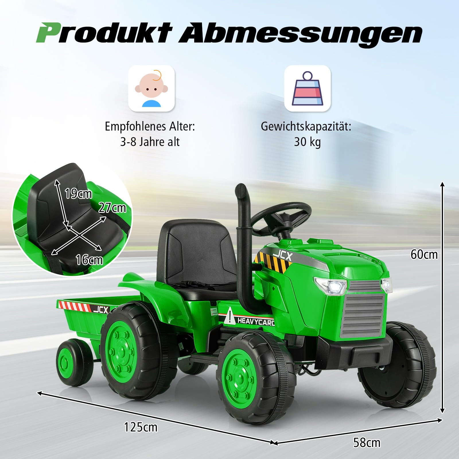 GOPLUS 3-in-1 kindertractor, elektrische auto met 6 wielen, verstelbare grafschep en afneembare aanhanger, elektrische zittractor voor kinderen van 3-8 jaar, tot 30 kg belastbaar, groen