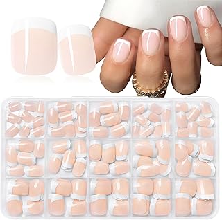 240pc White French Tips Press on Nails Square Fake Nails Tabs, Extra Short Nails Press ons French Tip Acrylic Nails Pale Nude Glue ons Nails Short Artificial False Fingernail Stick on Nails for Women