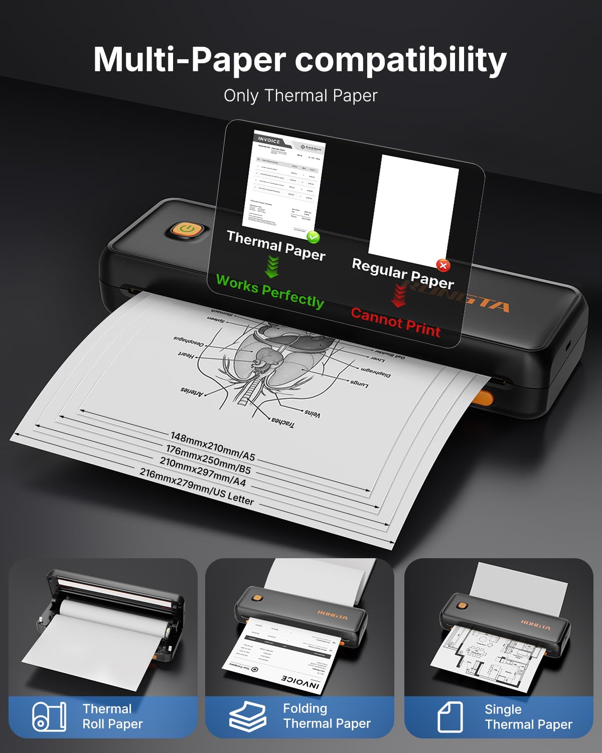 Rongta Imprimante thermique sans fil Bluetooth portable sans encre F12A