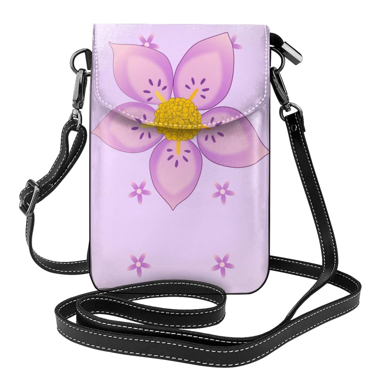 women Small Cell Phone Purse Five-petaled purple flowers picture Soft, durable and waterproof PU leather Convenient for daily use and travel