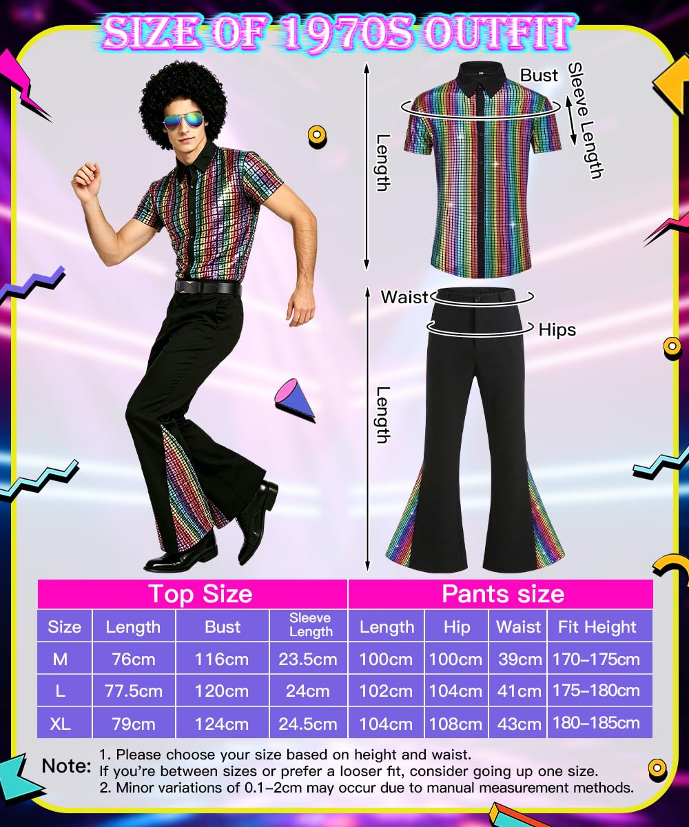 70er Jahre Outfit Herren, Disco Kostüm mit Perücke, Schnurrbart, Halskette, Faschingskostüme Herren, 70er Jahre Disco Kostüm für Karneval, Halloween, Cosplay und Party
