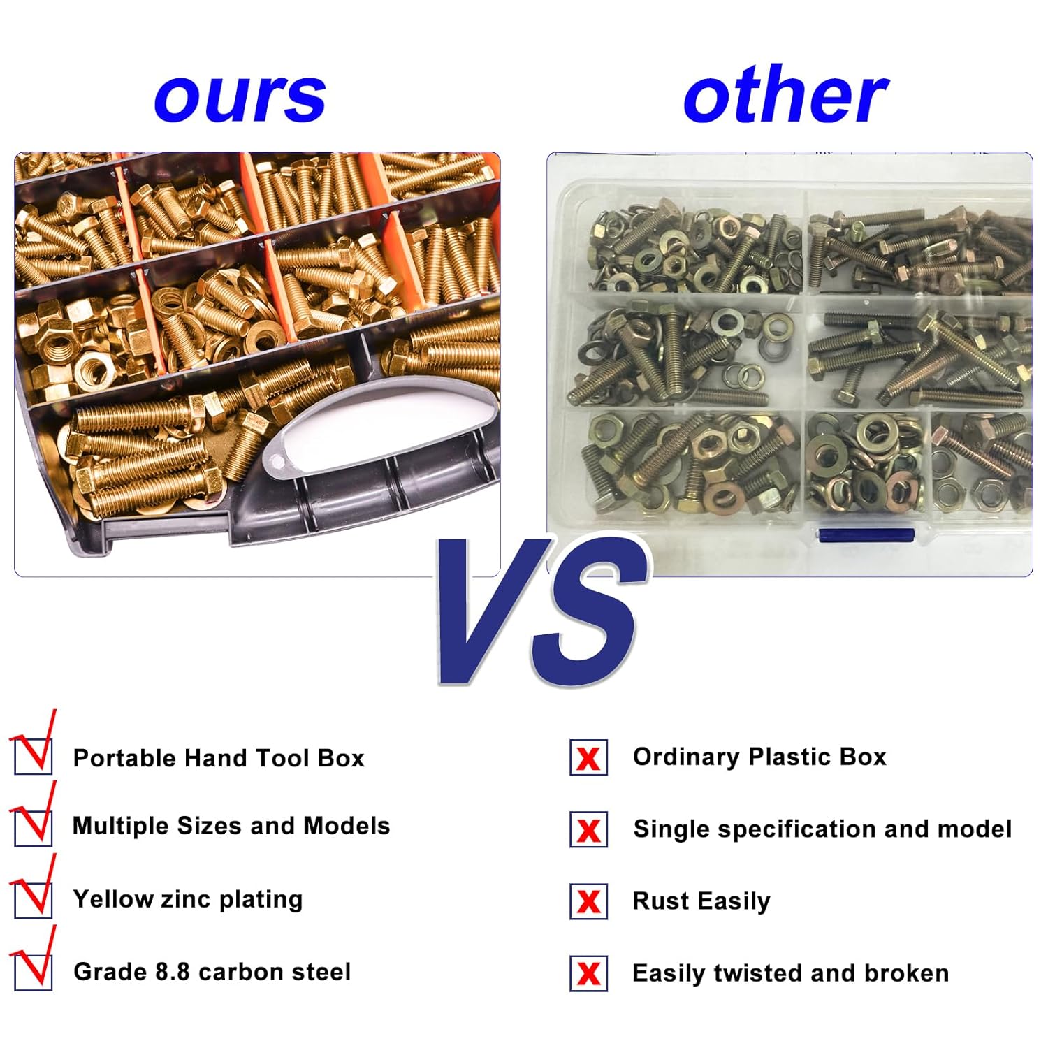 Taiss 904pcs Grade 8.8 Metric Bolt Assortment & SAE Nuts and Bolts Assortment Kit,M4 M5 M6 M8 M10 1/4-20,5/16-18,3/8-16 1/2-13(12-60mm) Heavy Duty Hex Bolt Washer Yellow Zinc Plated,with Handheld Box
