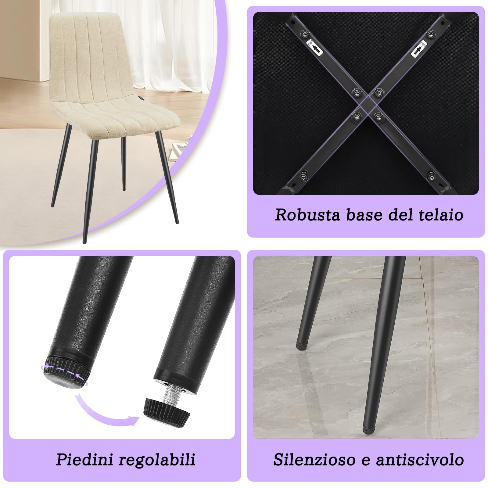 WAFTING Set di 4 Sedie da Pranzo, Sedie a Righe Imbottite con Schienale Alto con Pieds in Metallo, per Sala da Pranzo, Soggiorno, Cucina e Reception, Beige