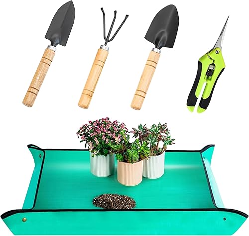 Juego de 5 herramientas de jardín de acero de hierro lacado sólido verde reutilizable y duradero con pala, rastrillo, pala y tijeras de plantas de