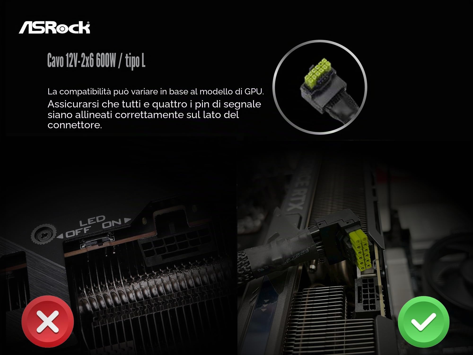 ASRock Cavo di alimentazione 12 V-2 x 6 600 W, conforme ATX 3.1 e PCIe 5.1, connettore GPU a forma di L, terminali HCS 16 AWG, per PSU ASRock Taichi/Phantom Gaming da 750 W +
