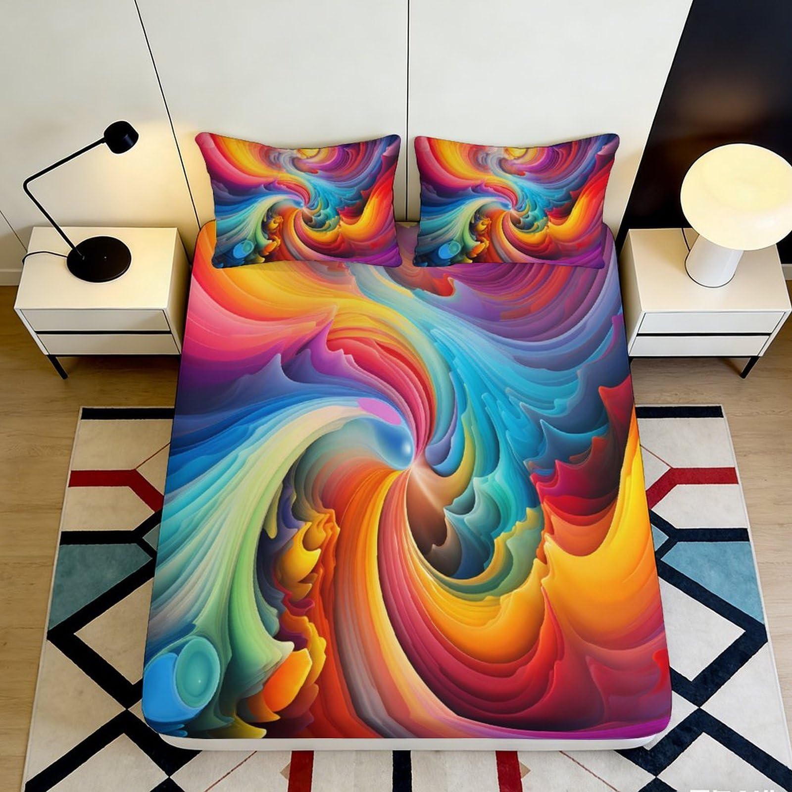3D Printed Colorful Abstract Swirl Fitted Sheet Microfiber Soft Breathable Vibrant Pattern Bed Cover for Bedroom Dormitory Guest Room Mattress Protection 140x200x25cm