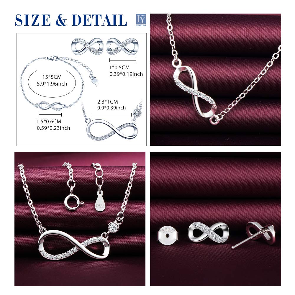 Juego de joyas de plata de ley 925, símbolo de infinito, collar, pulsera y pendientes, símbolo de infinito, circonitas, joyas para mujeres, niñas, Navidad, cumpleaños, regalo de plata, plata de ley,