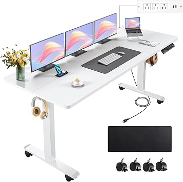 farexon Electric Standing Desk Adjustable Height, 63 x 24In with Power Outlets and USB Ports, Stand up Desk with 39x18in Mouse Pad, Dual Beam Structure, 4 Wheels,4 Memory Heights Easy to SetWhite
