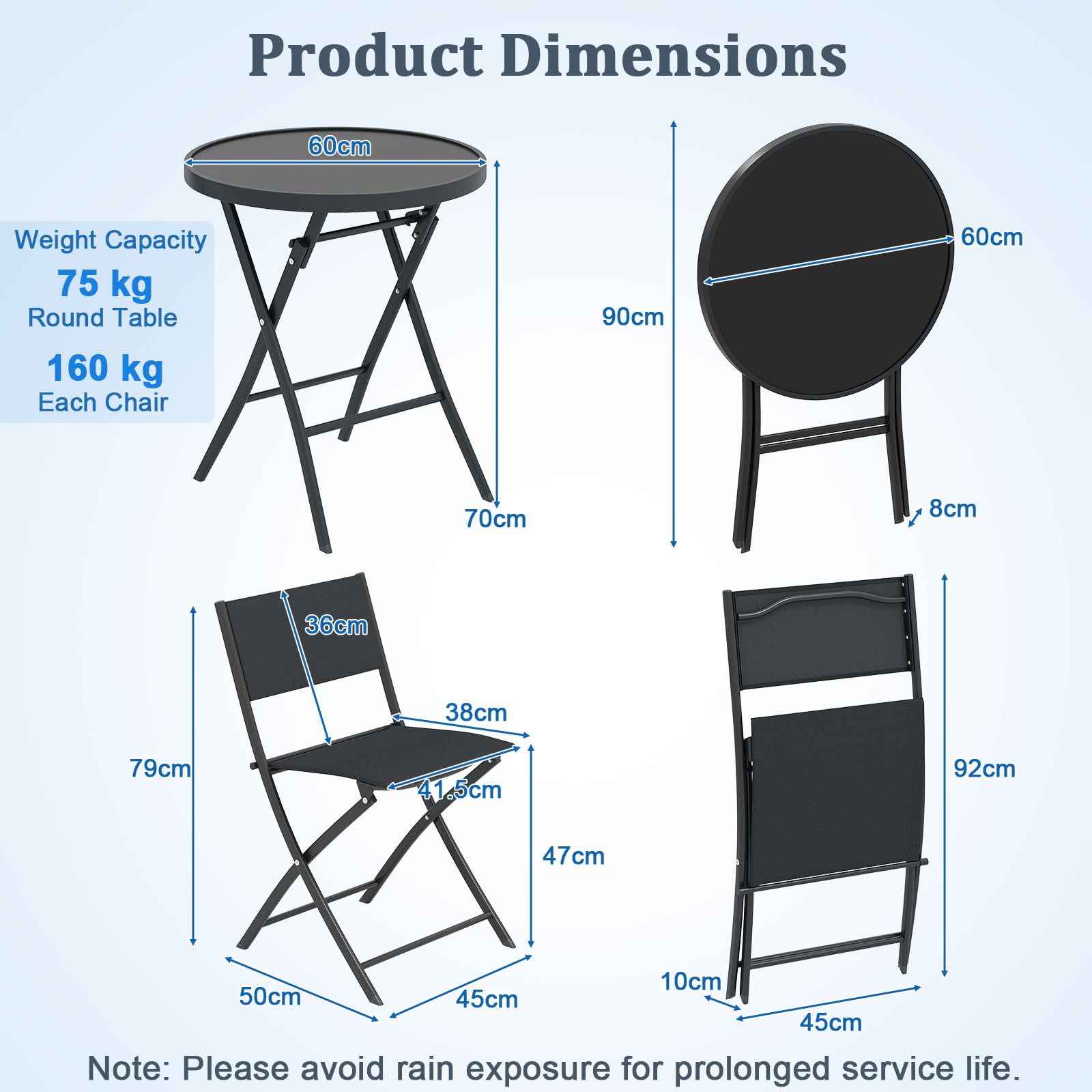 GIANTEX Ensemble Salon de Jardin 3 Pièces Table Ronde Pliante Verre Trempé 2 Chaise Pliantes Tissu Respirant Noir
