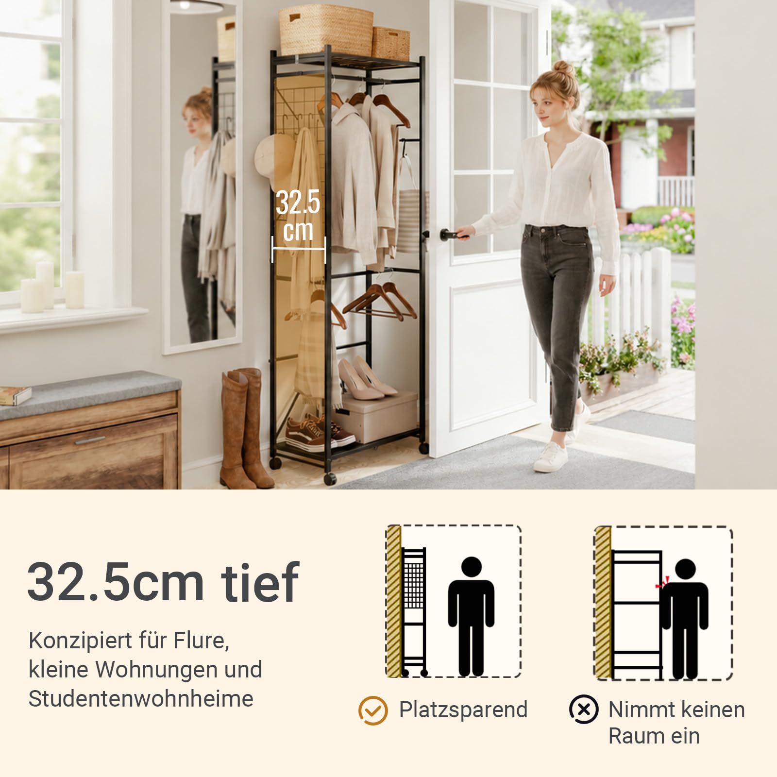 SoBuy Klappbarer Kleiderständer Schmal auf Rollen, 60,5x32,5x175cm | mit Schuhablage, Haken & Gepäckständer für Schlafzimmer Flur Wäscheraum, werkzeugfreie Montage, Schwarz, KLS21-SCH