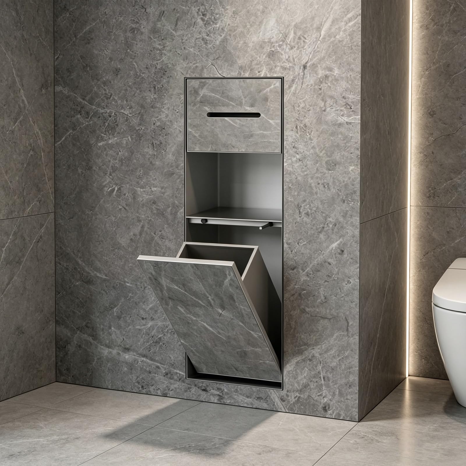 Armadietto da bagno moderno con cestino integrato e porta carta igienica, in acciaio inox, salvaspazio, design da incasso per riporre oggetti eleganti