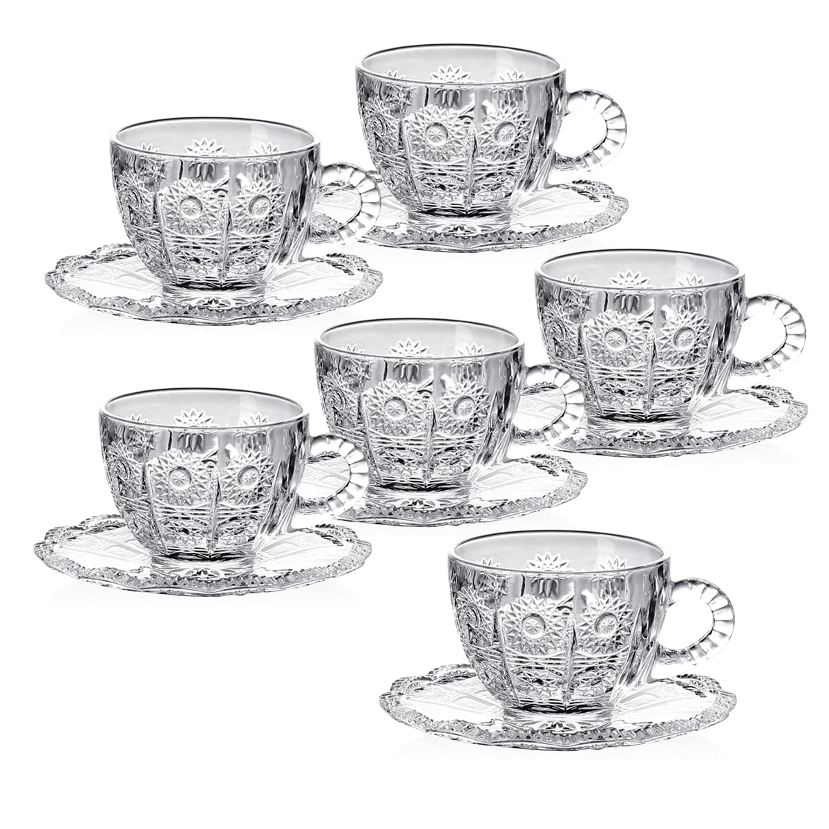 JT Glass 6pcs Cup and 6 pcs Saucer Set Coffee Cup Mug Turkish Tea Bohemia Style design Tableware Transparent Clear Glass Cup 12pcs Cup Set Coffee Set 6.45OZ 183ML Cup
