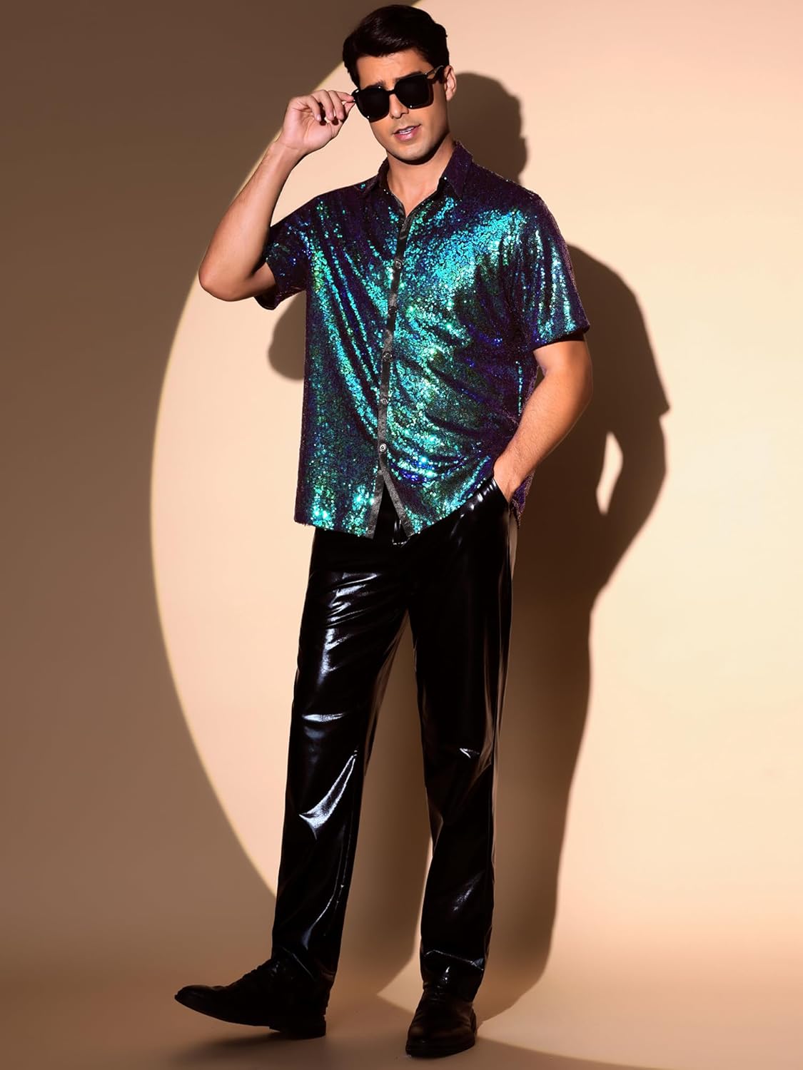 Lars Amadeus Sequin Shirts for Men's Glitter 70s Disco Shirt Button Down Short Sleeve Metallic Tops