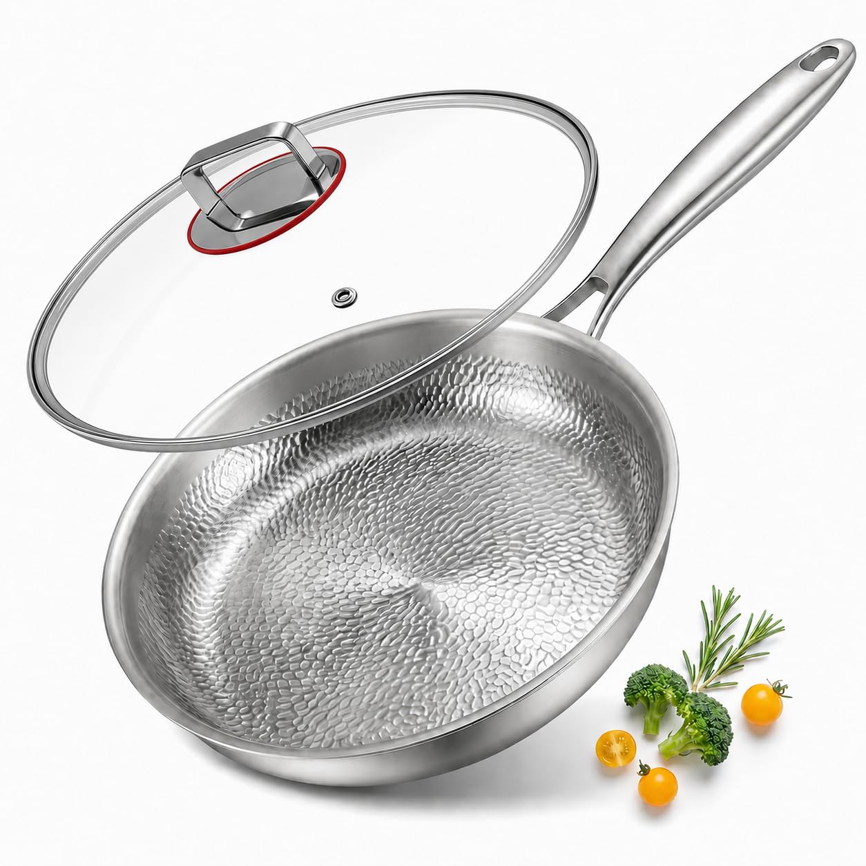 Abijan Titanium Frying pan Non Coated, 28cm Stainless Steel Frying Pan with Lid, 5-Ply Construction Stainless Steel Pan, Titanium Pans for Cooking Non Toxic for All hobs, PFOA-Free, Fast&Even Heat