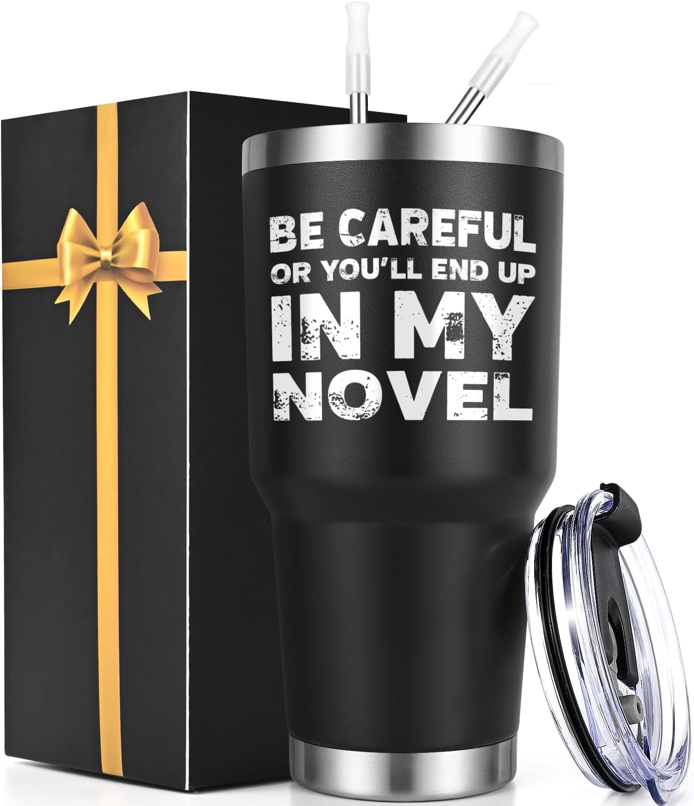 Lifecapido Gifts for Writers, Be Careful Or You'll End Up In My Novel 30oz Insulated Tumbler, Authors Gifts, Funny Christmas Gifts Birthday Gifts for Men Writers Authors Novelist, Black