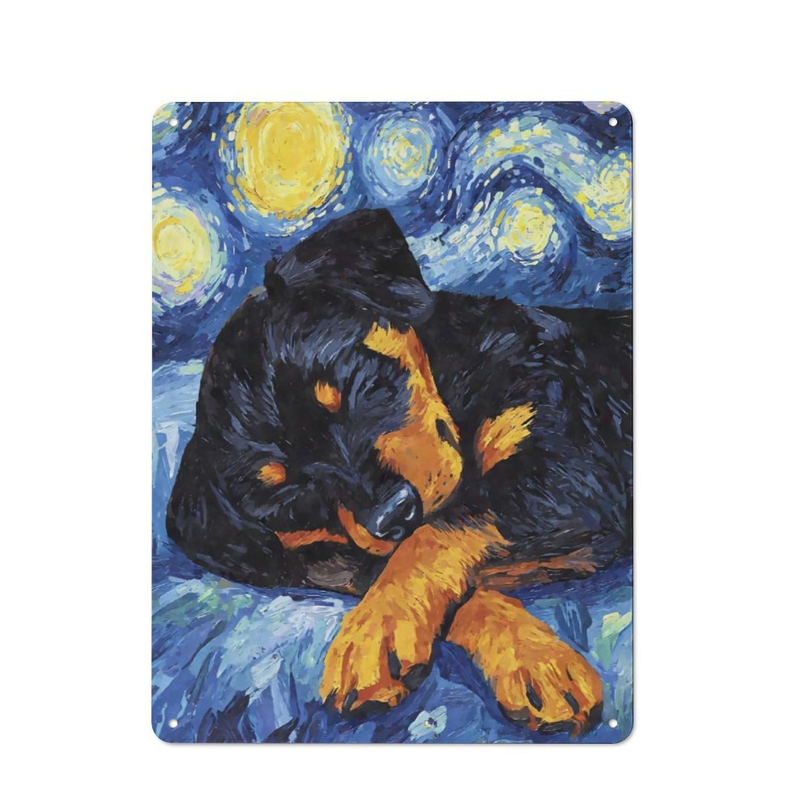 Junmoney Rottweiler Puppy Sleeping Starry Night Vintage Tin Sign 40X30cm With For Garage Wall, Suited To People Furnishing A Garage