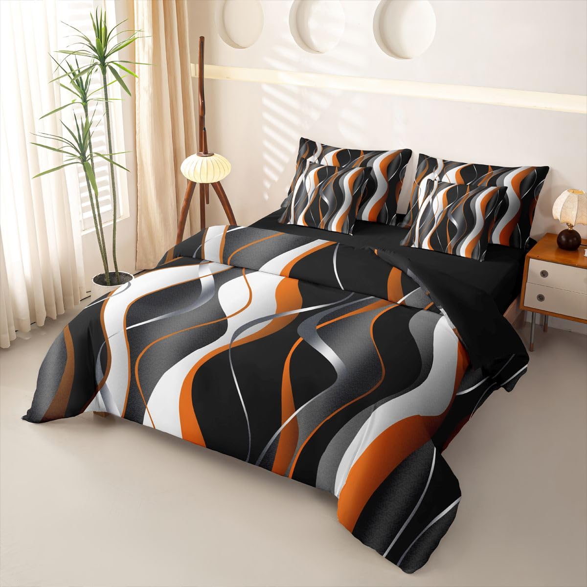 Loussiesd Juego de funda de edredón de 7 piezas, diseño geométrico en espiral, color naranja, gris y negro, juego de ropa de cama con funda de edredón, sábanas, fundas de almohada y fundas de cojín