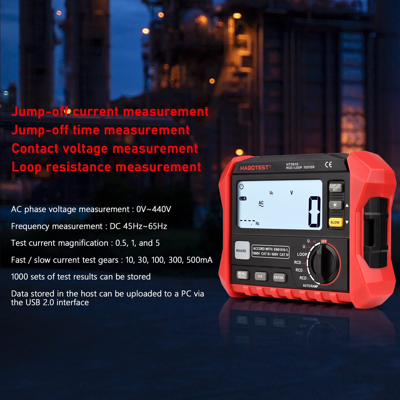 Irfora HT5910 Medidor de Resistencia Digital LCD de 4,7 Pulgadas Probador de Interfaz a Tierra RCD/Probador de Bucle 1000 Almacenamiento de Datos Megohmímetro Voltímetro con Retroiluminación
