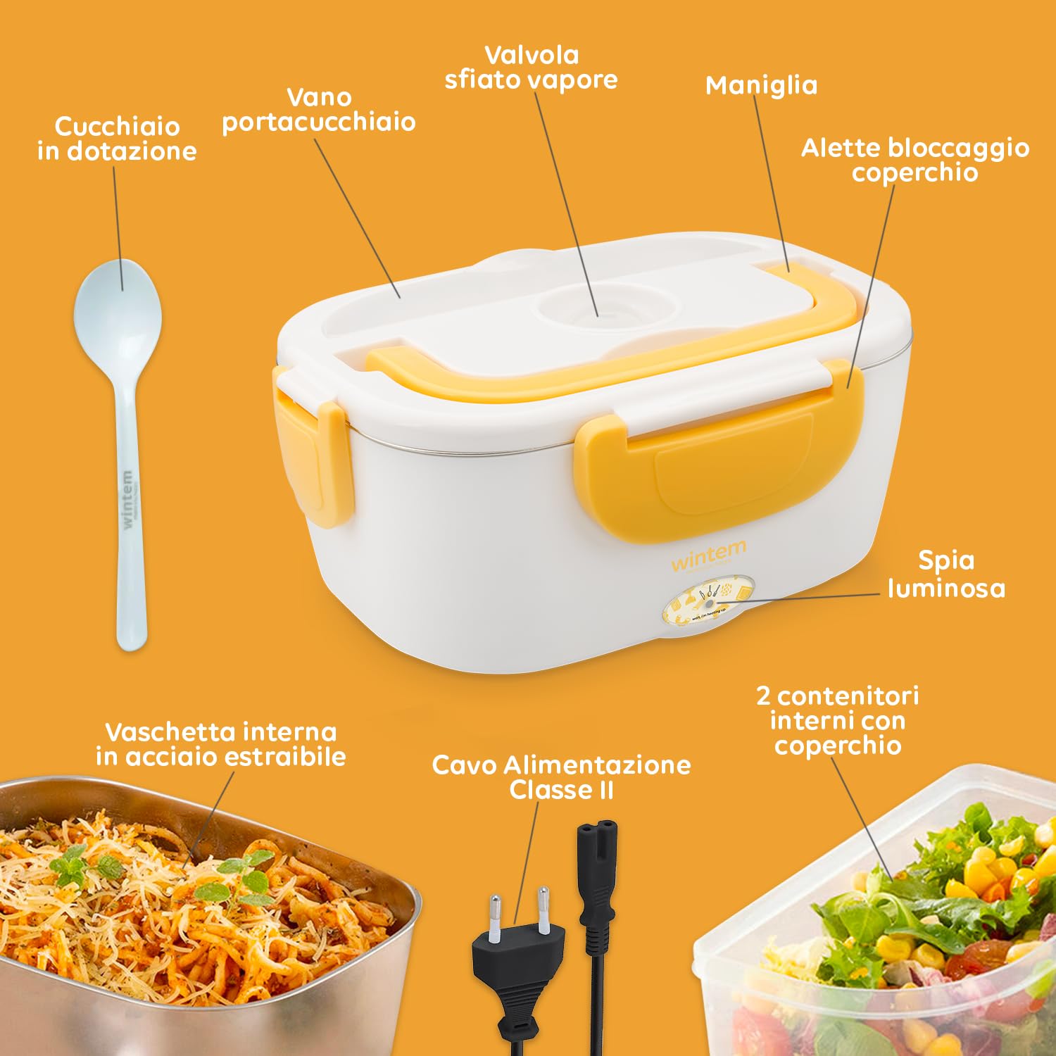 Wintem - Porta Pranzo Termico Elettrico 1,5L con Contenitori in Acciaio Inox, Riscaldamento 30 Min, Comparti Separati, Ideale per Ufficio, Viaggi e Pausa Pranzo Fuori Casa