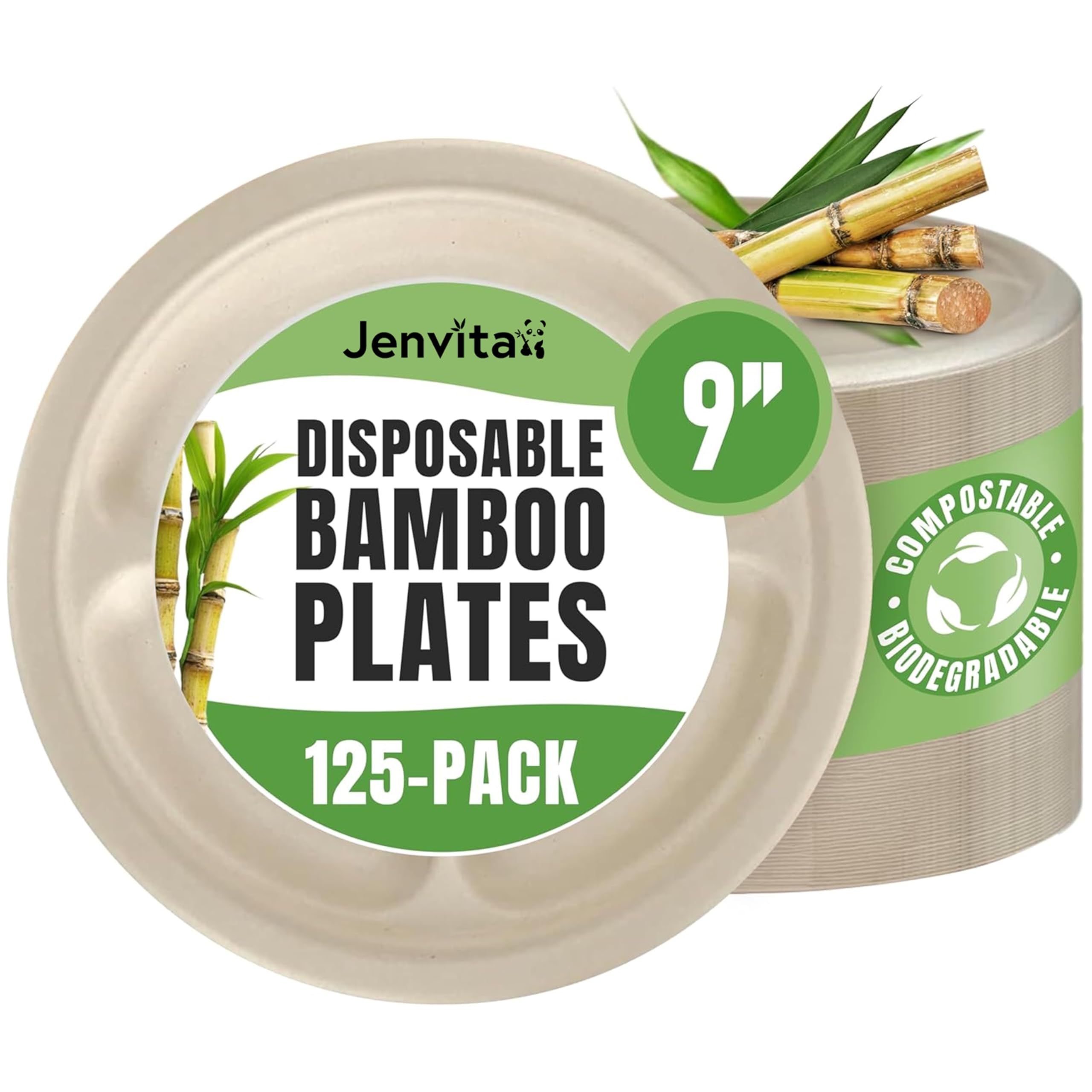 Jenvita Bamboo Paper Disposable Plates with Compartment (125-Pack, 9-inch) - Sturdy & Microwave Safe | Disposable Sectioned Plates | PFAS Free,