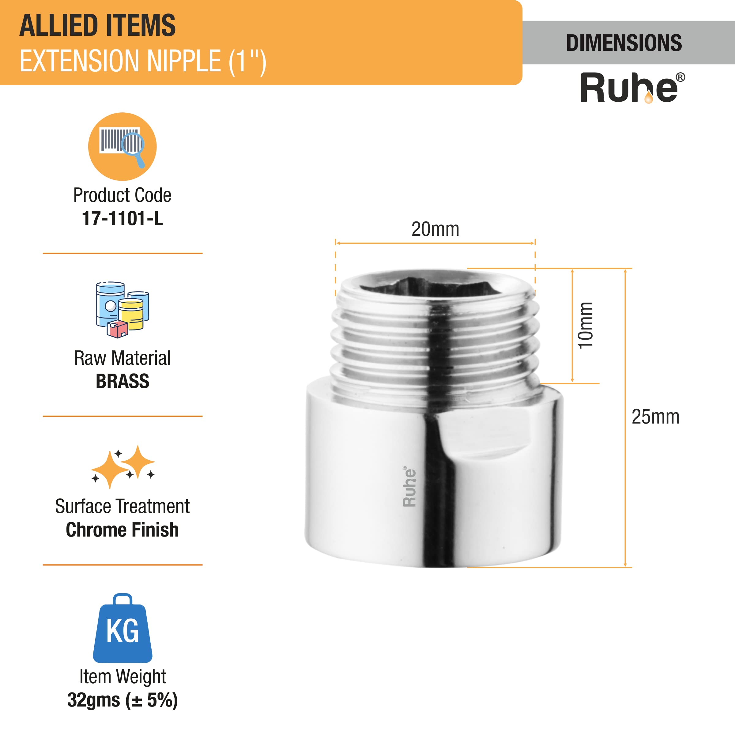 Ruhe Brass Extension Nipple - 6 Pack, Chrome Finish -2