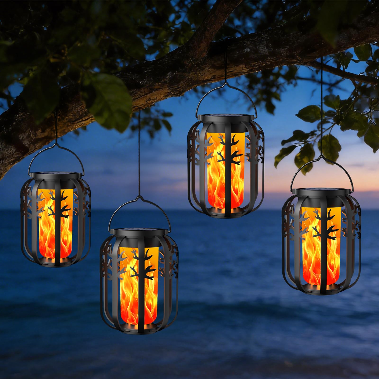 KagoLing Solar Lights Outdoor Garden, 4 Pack Gen2 Realistic Flickering Flame Hanging Solar Lantern, Garden Ornaments Outdoor Lights Waterproof, Perfect Decor Gifts for Yard Pathway Porch Halloween