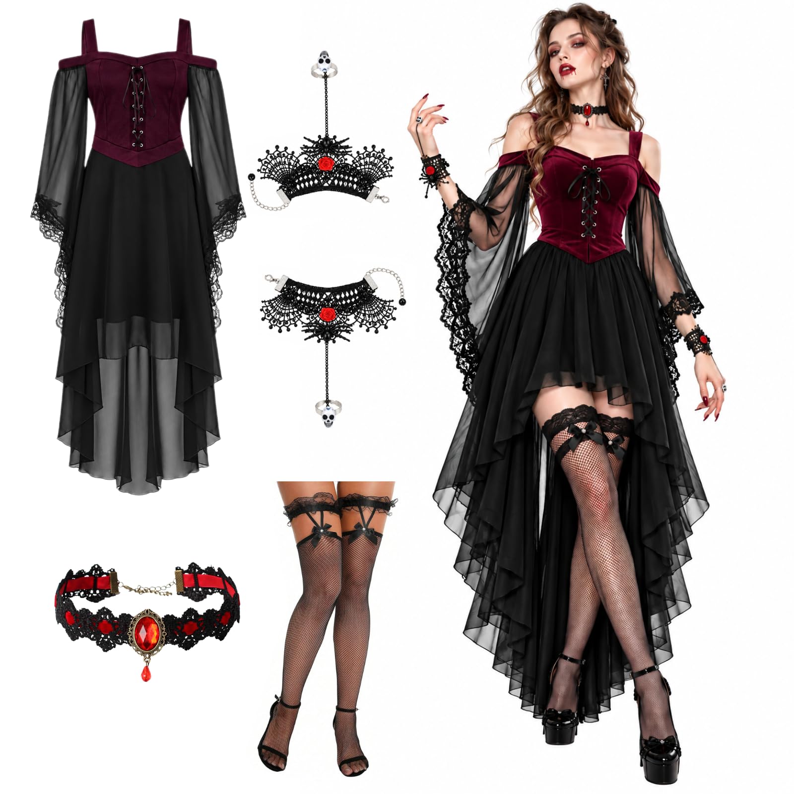 Halloween Costumes Adult,Vampire Costume, 4Pcs Adult Halloween Fancy Dress Outfit, Gothic Vampire Dress with Choker, Bracelet and Fishnet Tights for Women Party Cosplay