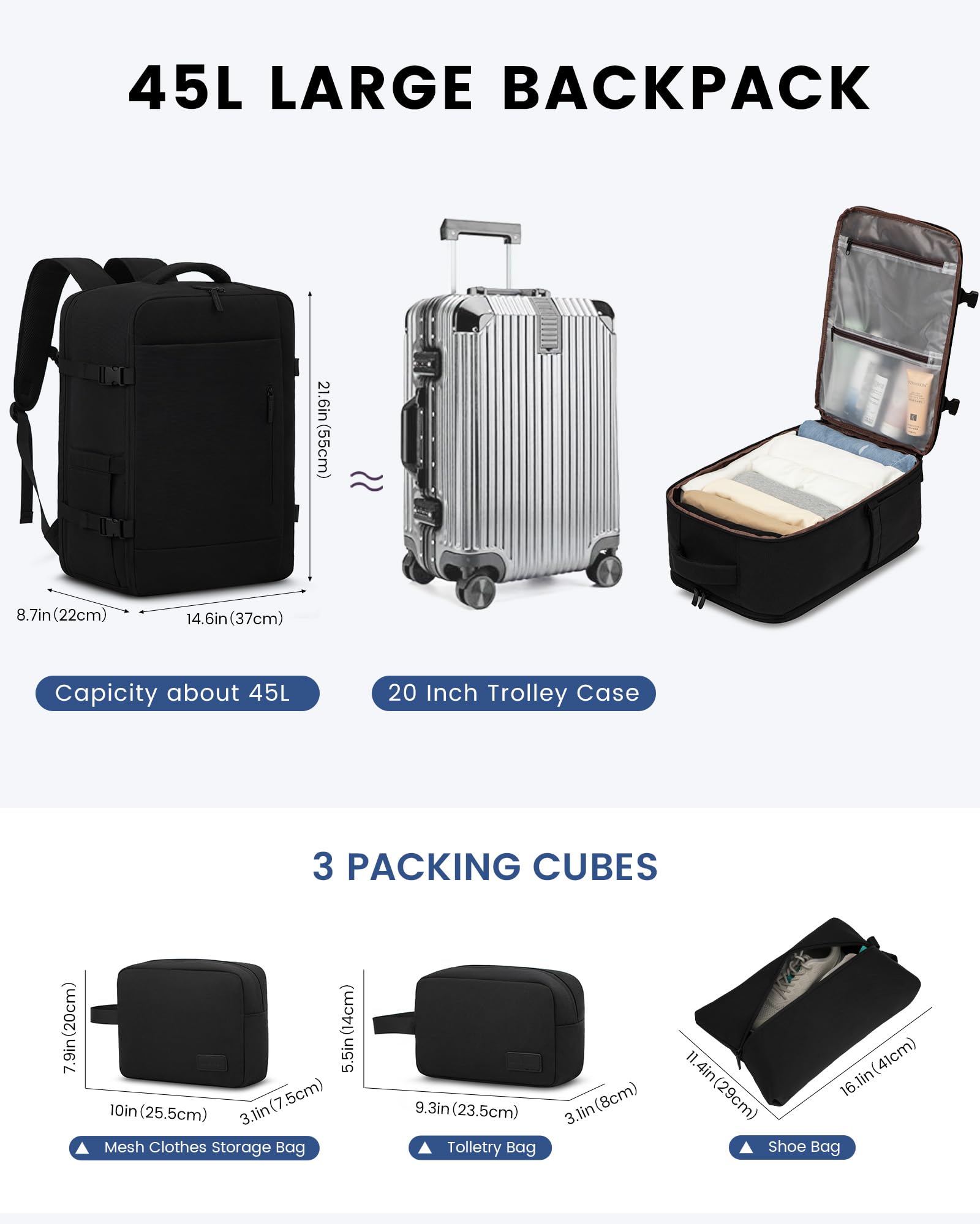 LOVEVOOK Zaino da Viaggio Aereo Bagaglio a Mano 45L Grande Borsa da Cabina per Voli Impermeabile Antifurto Zaino Viaggio Uomo Donna 18 Pollici Zaino Porta PC per Scuola Lavoro Trekking, Nero