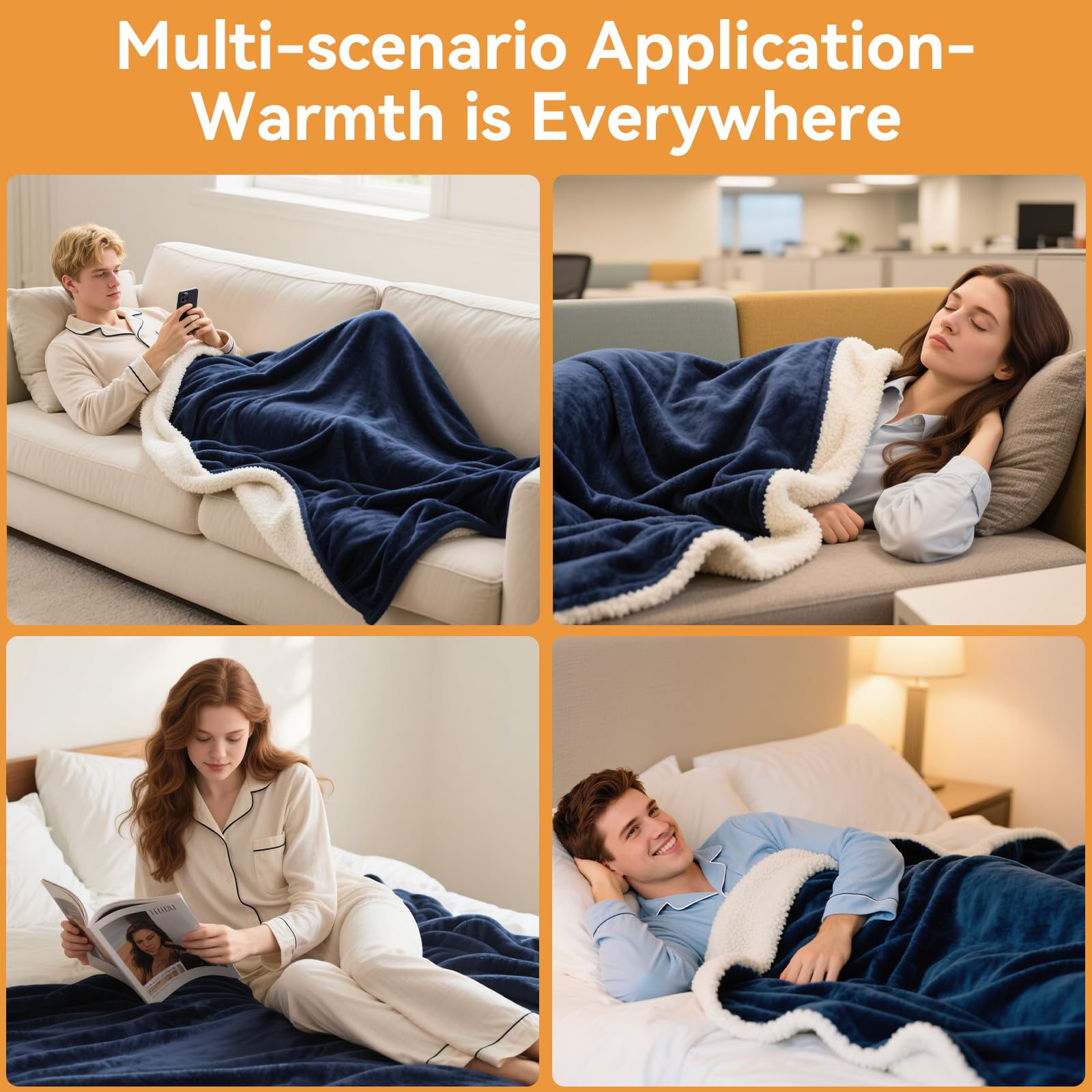 Coperta Termica 180 * 200cm Coperta Riscaldante Elettrica con 9 Livelli Di Calore e 10 Timer e Display Led Plaid Riscaldabile Termocoperta Singola e Doppie Blu Navy