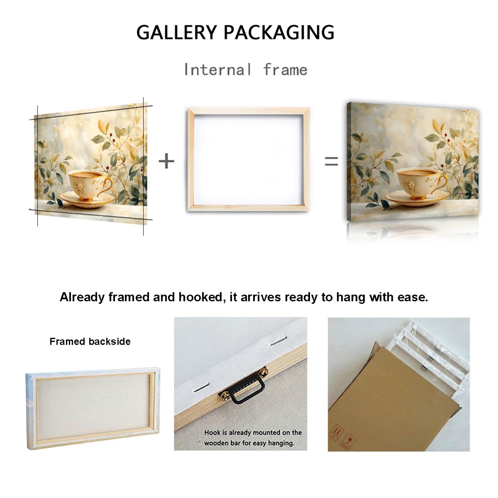 CHERHERART Lienzo de hoja botánica Arte de pared Exquisito juego de té café Impresión de cartel Elegante y acogedor Decoración de pared para restaurante Salón de té 75x100cm Marco interior