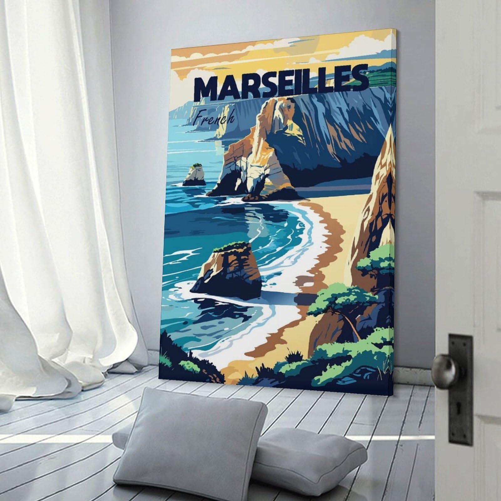 Junmoney Marseilles French Coastline Travel Canvas Art Print, 20x30inch(50x75cm), for Bedrooms, Workspaces And Everyday Interiors, A Flexible Wall Accent for Shared Spaces