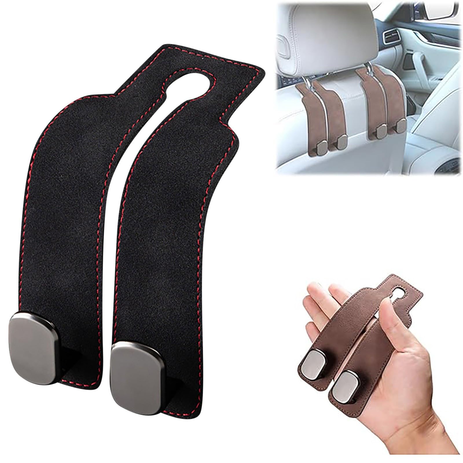 Headrest Hooks for Car, Car Seat Hooks for Headrest, Twin Hook Leather Car Headrest Hangers for Purses, Bags, Bottles, Seat Back Storage (Black 4pcs) — view 3