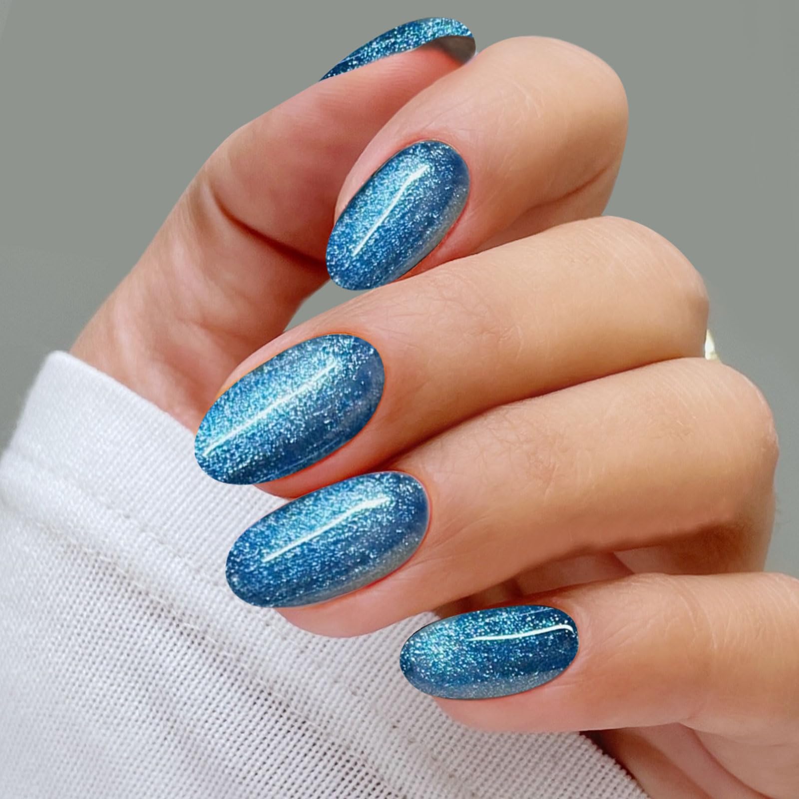 JMEOWIO Gel Nail Stickers Blue Glitter Semi Cured Gel Nail Strips Wraps UV/LED Nails Art Design Decoration Accessories