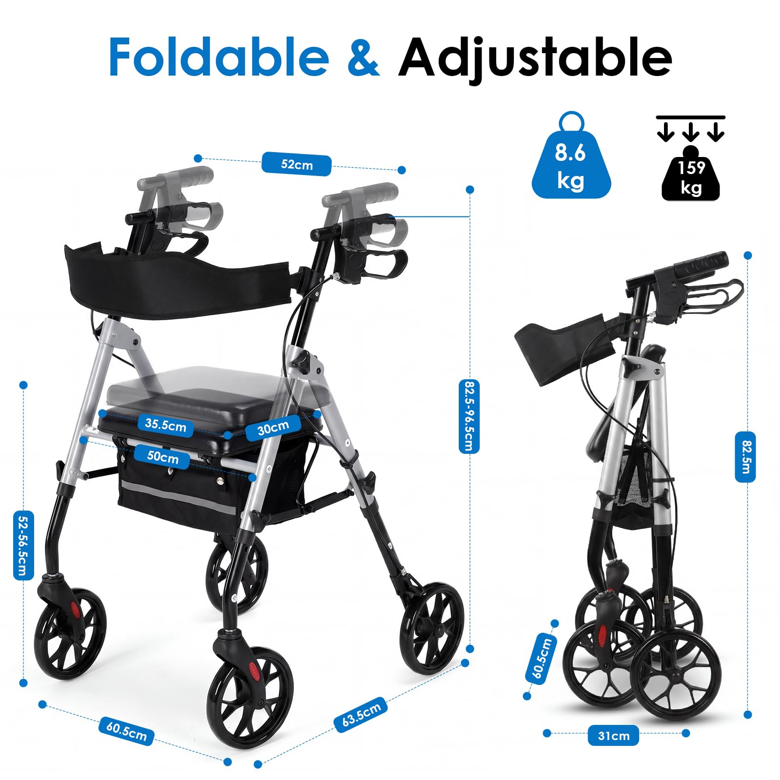 LIFERUN Rollator Faltbar und Leicht mit Sitz, Stabiler Gehwagen Rollatoren | 4 ×20cm All-Terrain Reifen, 8-fach Sitz und Griff Höhenverstellbar Gehhilfe mit Rückenlehne & Großer Tasche, für Senioren