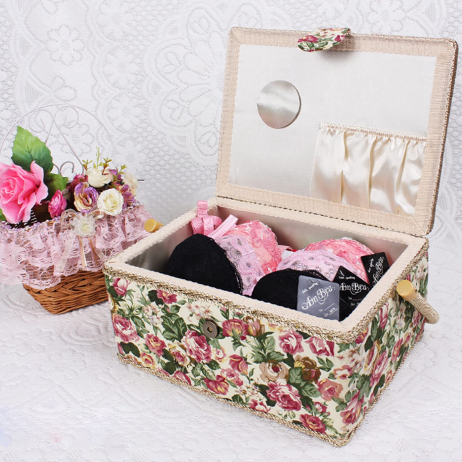 Cestini da Cucito, Scatola da Cucito, Premium Scatola da Cucito Accessori di Cucito Scatola di immagazzinaggio, Cestino Organizer in Legno per Casa