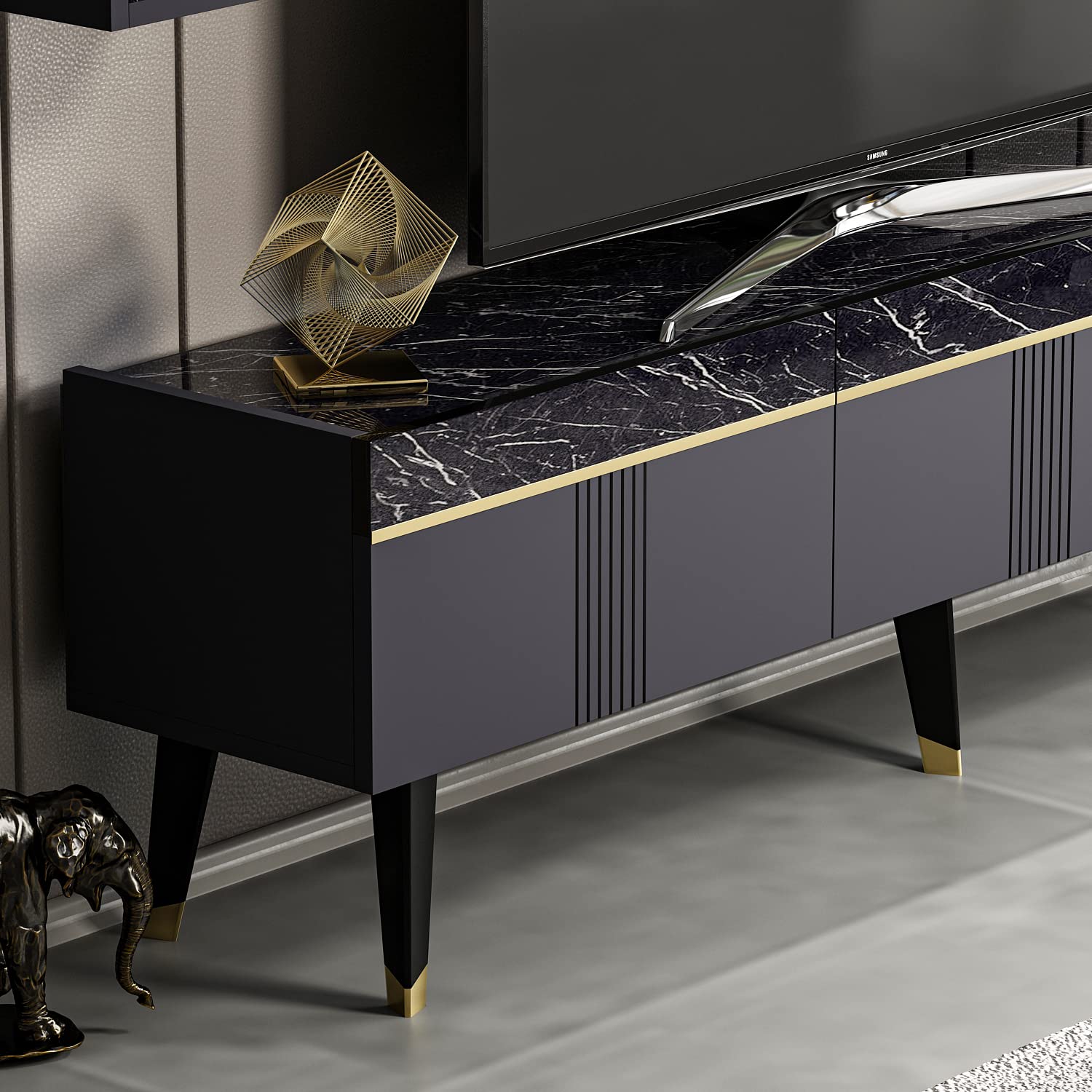 Homidea KARYA Wohnwand – Wohnzimmer TV Set – TV Schrank – TV Lowboard – Fernsehtisch - TV Möbel mit 3 Türen in modernem Design (Anthrazit/Marmor)