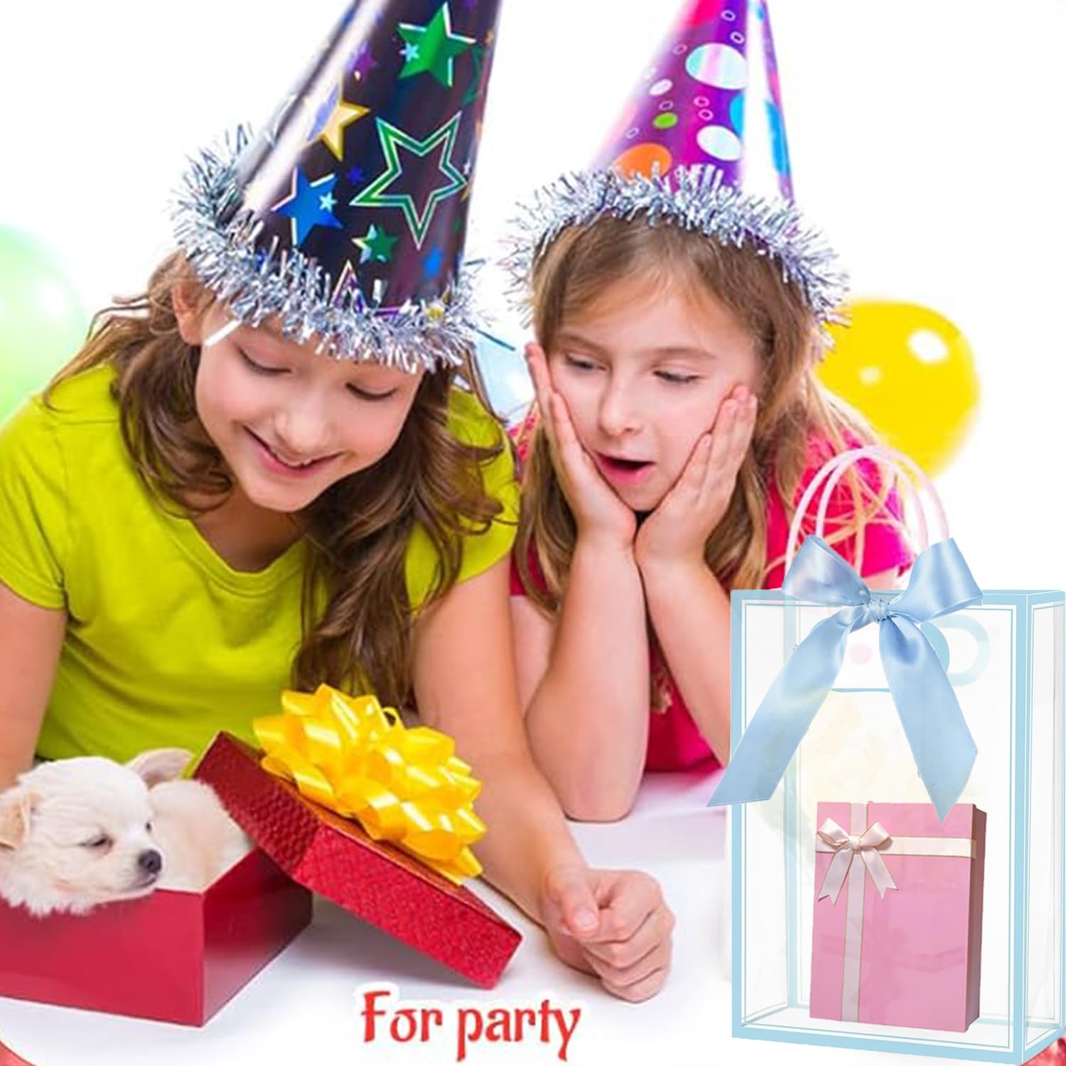 12 przezroczystych torebek prezentowych z PCW z uchwytami, plastikowe torebki na imprezę, z taśmą, wielokrotnego użytku, na wesele, dla panny młodej, baby shower, urodziny (jasnoniebieskie, 15 x 24 x